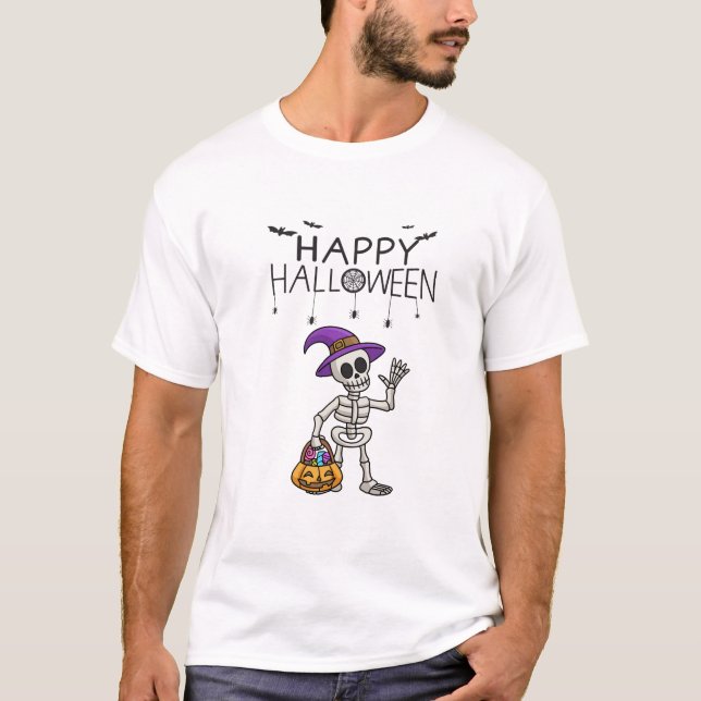 Skeleton Witch Trick-oder-Leckerei Cartoon Hallowe T-Shirt (Vorderseite)