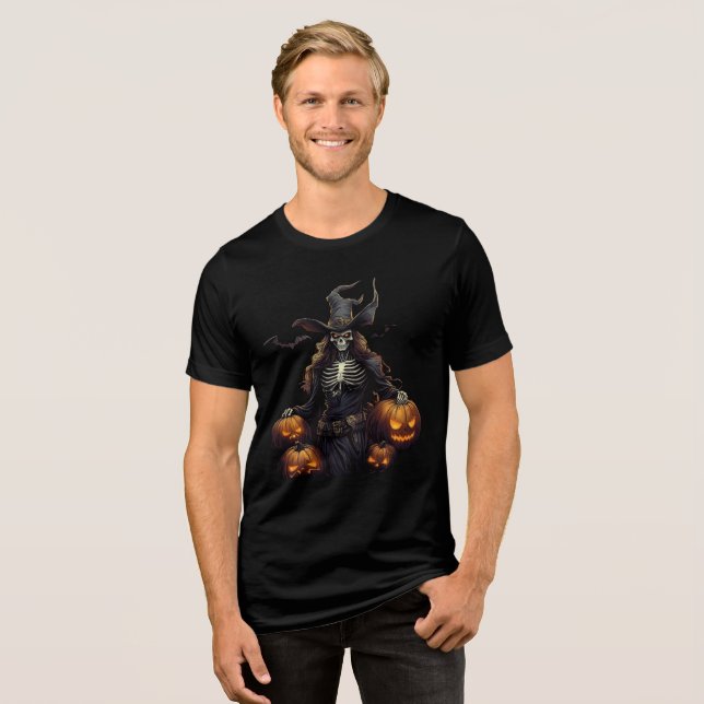 Skeleton Witch with Glowing Pumpkins Tri-Blend Shirt (Vorderseite voll)