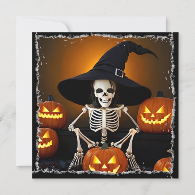 Skeleton Witch's Hat and Jack-O-Lanterns Halloween Einladung (Vorderseite)