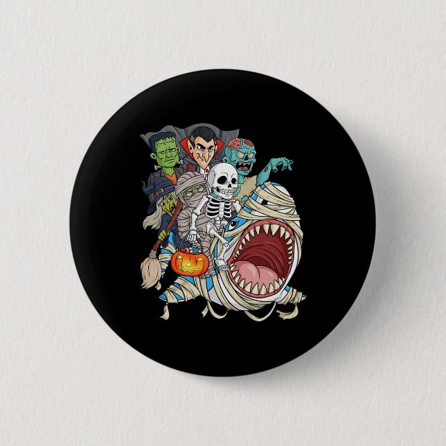 Skeleton Zombie Riding Mummy Shark Vampire Hallowe Button (Vorderseite)