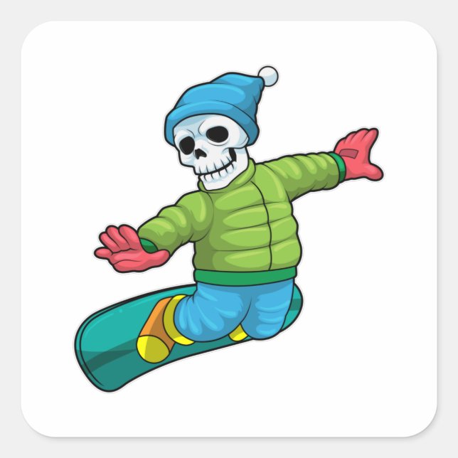 Skelett als Snowboarder mit Snowboard Quadratischer Aufkleber (Vorderseite)