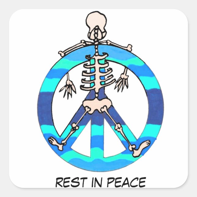 Skelett auf dem Blue Peace Signon RIP Erholung in  Quadratischer Aufkleber (Vorderseite)