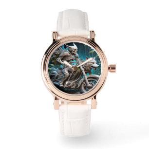 Skelett auf einem Chopper mit Wolfskopf Armbanduhr