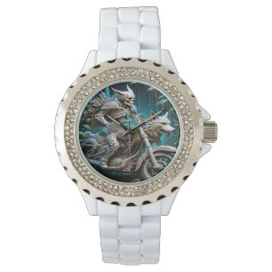 Skelett auf einem Chopper mit Wolfskopf Armbanduhr