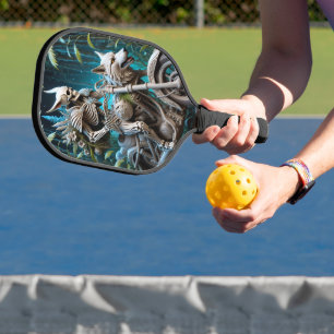 Skelett auf einem Chopper mit Wolfskopf Pickleball Schläger