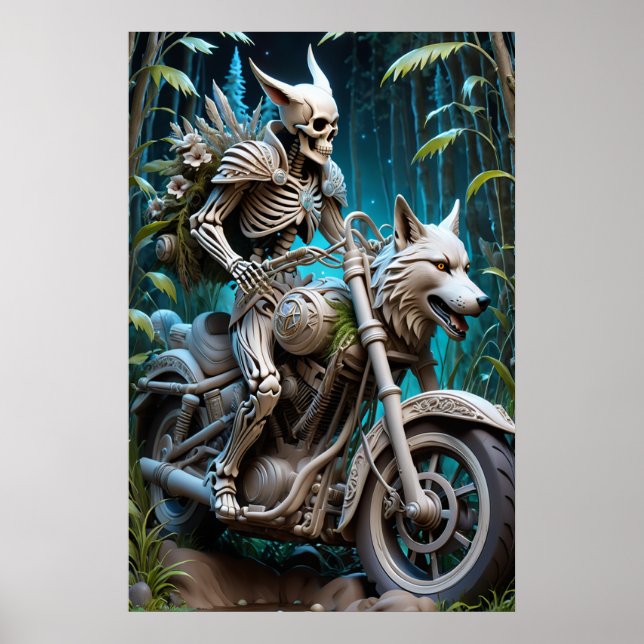 Skelett auf einem Chopper mit Wolfskopf Poster (Vorne)