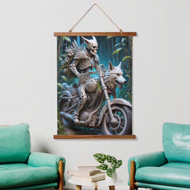 Skelett auf einem Chopper mit Wolfskopf Wandteppich Mit Holzrahmen (Wohnzimmer)
