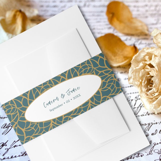 Skelett Blätter Aztec Gold & Police Blue Einladungsbanderole (Skeleton Leaves Aztec Gold Color & Police Blue Invitation Belly Band)