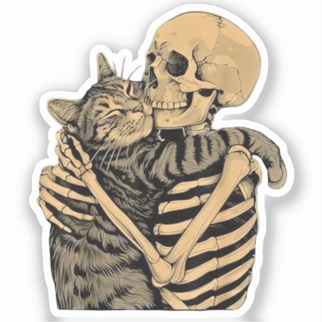 Skelett, das eine Katze umarmt – Süßes Geschenk fü Aufkleber (Vorderseite)