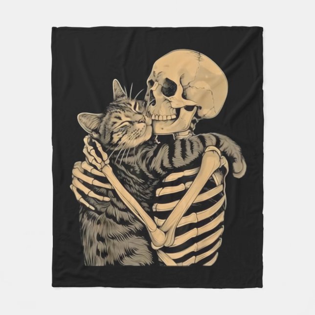 Skelett, das eine Katze umarmt – Süßes Geschenk fü Fleecedecke (Vorderseite)