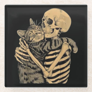 Skelett, das eine Katze umarmt – Süßes Geschenk fü Glasuntersetzer