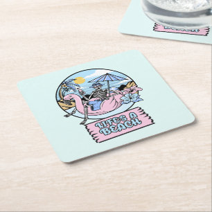Skelett-Flamingo-Schwimmkörper am Strand des Leben Rechteckiger Pappuntersetzer