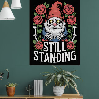Skelett-Gartenzwerg mit Rosen und Text Poster