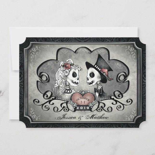 Skelett-graue schwarze Herz-Hochzeit "zusammen mit Einladung (Vorderseite)