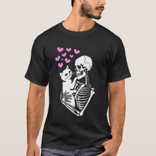 Skelett hält süße Katze, lustiger Halloween-Anhäng T-Shirt