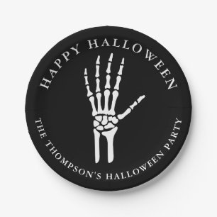 Skelett-Hand-Silhouette auf Schwarz Frohes Hallowe Pappteller