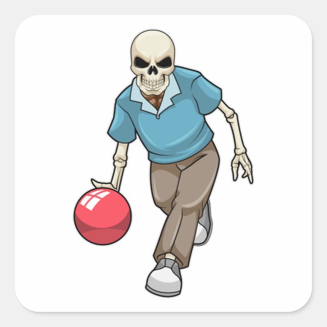 Skelett im Bowling mit Bowlingball Quadratischer Aufkleber (Vorderseite)