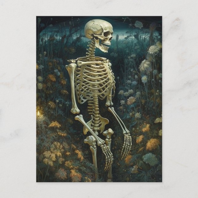 Skelett im Nachtgarten Postkarte (Vorderseite)