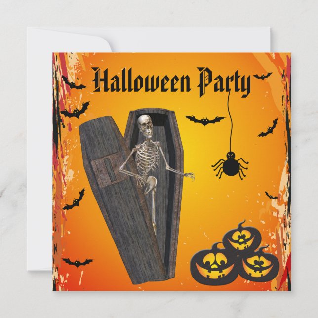 Skelett im Sarg u. im Kürbis-Halloween-Party Einladung (Vorderseite)