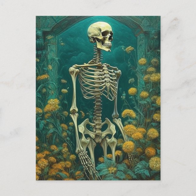 Skelett in einem Nachtgarten Gelbe Blumen Postkarte (Vorderseite)