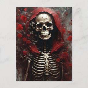 Skelett in einem Roten Kap mit Blume Postkarte