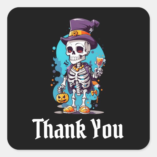 Skelett in einem Top Hat Halloween Danke Quadratischer Aufkleber (Vorderseite)