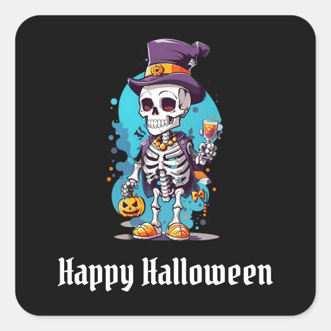 Skelett in einem Top Hat Happy Halloween Quadratischer Aufkleber (Vorderseite)