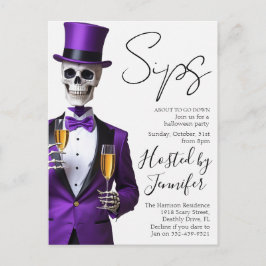 Skelett in lila Halloween-Party-Einladung Feiertagspostkarte