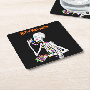 Skelett isst Halloween-Süßigkeiten Rechteckiger Pappuntersetzer