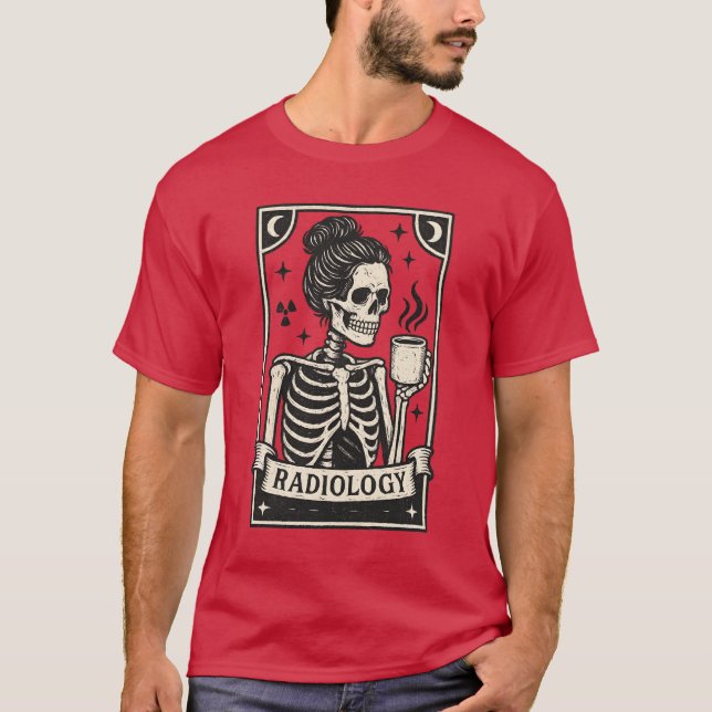 Skelett + Kaffeetasse + "Radiologie T-Shirt (Vorderseite)