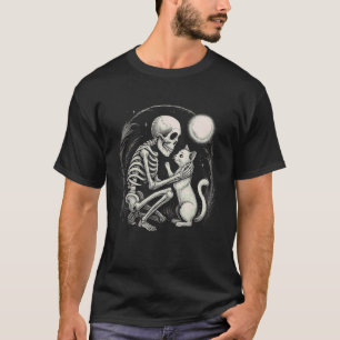 Skelett Katzen Mond Nacht Halloween Lustig Süße Mä T-Shirt