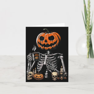 Skelett-Kürbis-Kaffeetrinken Lustiger Halloween Karte