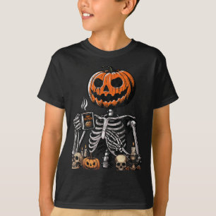 Skelett-Kürbis-Kaffeetrinken Lustiger Halloween T-Shirt