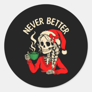 Skelett-Mädchen-Santa-trinkt-Kaffee-Weihnachten-lu Runder Aufkleber