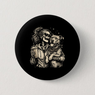 Skelett-Mädchen umarmt Hund - Cooler gotischer Hau Button