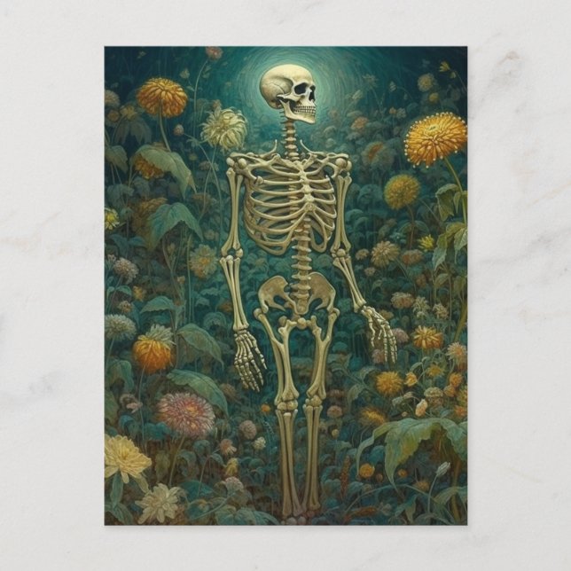 Skelett mit Blume Postkarte (Vorderseite)