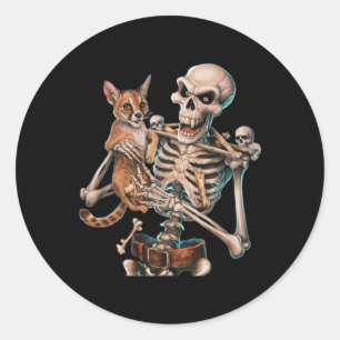 Skelett mit einer Katze Skull Kitty Halloween Men Runder Aufkleber