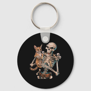 Skelett mit einer Katze Skull Kitty Halloween Men Schlüsselanhänger