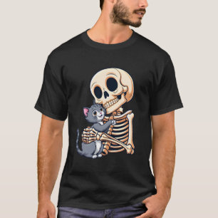 Skelett mit Katze hält süße Halloween-Kostüm-Schäd T-Shirt
