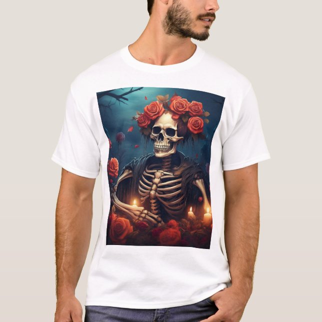 Skelett mit Krone von Rose T-Shirt (Vorderseite)