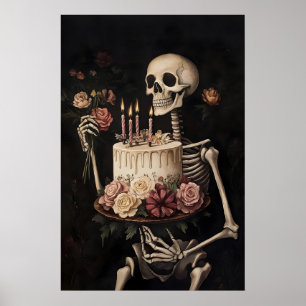 Skelett mit Kuchen- und Blumenprint, Glücklich Poster