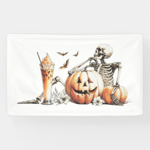 Skelett mit Kürbis und trinken. Halloween. Banner