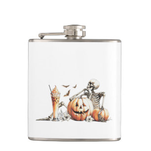 Skelett mit Kürbis und trinken. Halloween. Flachmann