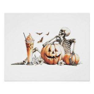 Skelett mit Kürbis und trinken. Halloween. Poster