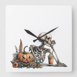 Skelett mit Kürbis und trinken. Halloween Quadratische Wanduhr