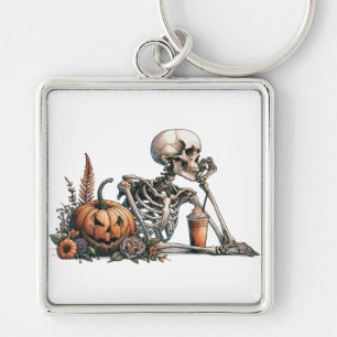 Skelett mit Kürbis und trinken. Halloween Schlüsselanhänger