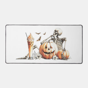 Skelett mit Kürbis und trinken. Halloween. Schreibtischunterlage
