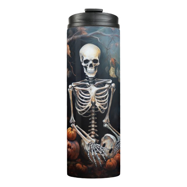 Skelett mit Kürbissen Halloween Thermosbecher (Vorderseite)