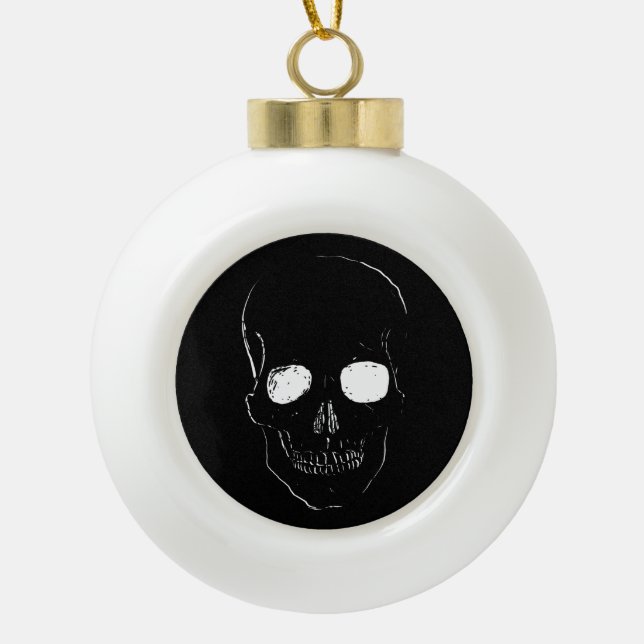 Skelett mit leuchtenden Augen auf einem Keramik Kugel-Ornament (Vorderseite)