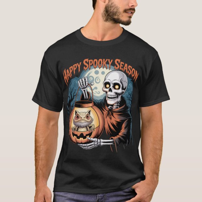 Skelett mit Lizard in Pumpkin Lantern T-Shirt (Vorderseite)